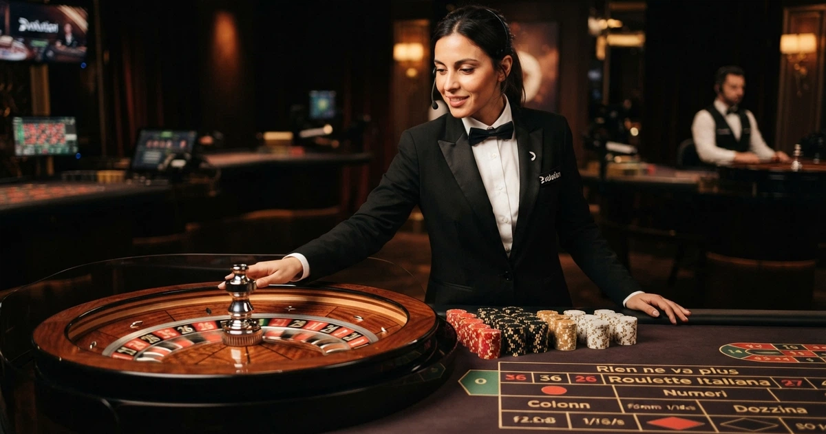 Un tavolo da gioco live di Evolution Gaming con croupier in smoking davanti a una ruota della roulette in streaming HD