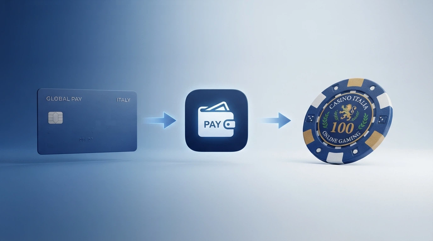 Uno schema che illustra il percorso American Express → e-wallet (PayPal/Skrill/Neteller) → casinò online ADM, con frecce direzionali e icone per ciascun passaggio