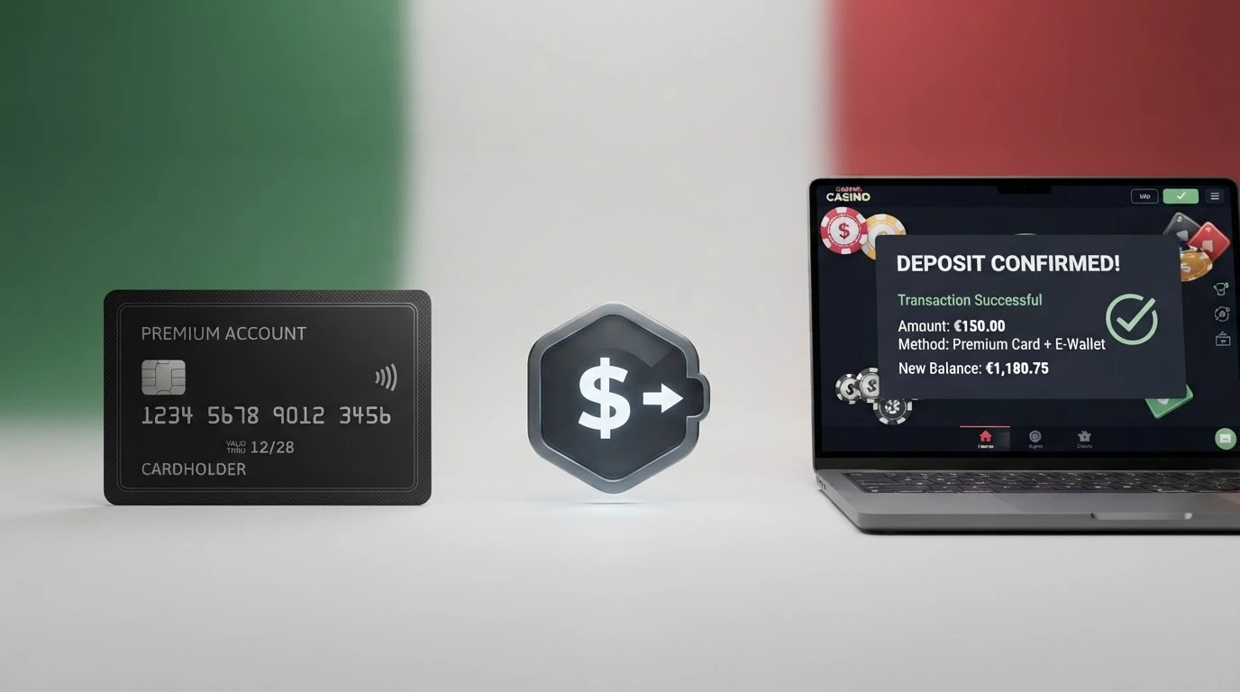 Schema a tre passaggi: carta American Express → icona e-wallet (Skrill/Neteller/PayPal) → interfaccia di un casinò online con saldo attivo.
