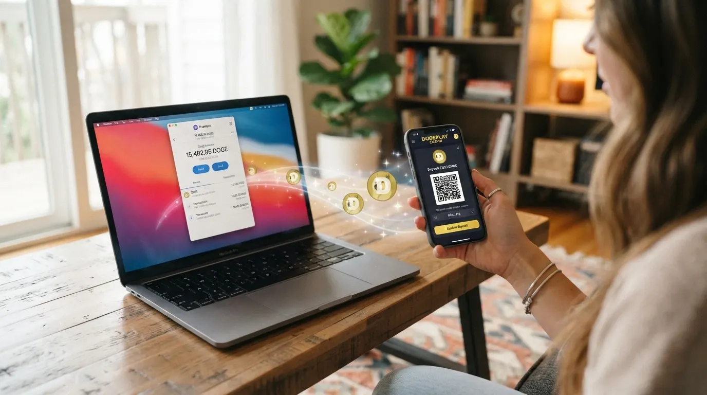 Schema che illustra il percorso di un deposito in Dogecoin: dal wallet personale alla transazione sulla blockchain fino all'accredito sul saldo del casinò