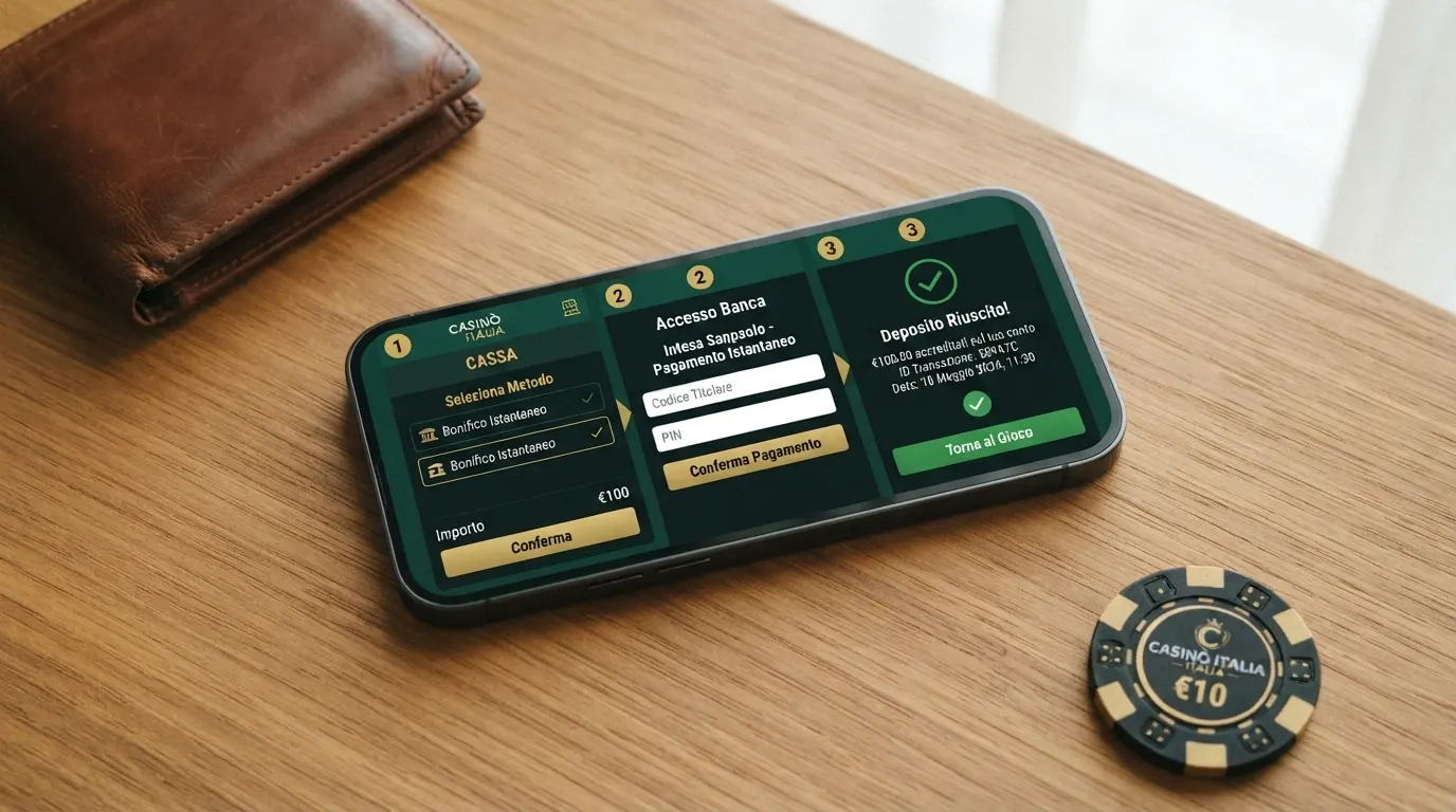Lo schermo di uno smartphone diviso in tre passaggi: la schermata di selezione Trustly nella cassa del casinò, l'autenticazione bancaria, la conferma dell'accredito