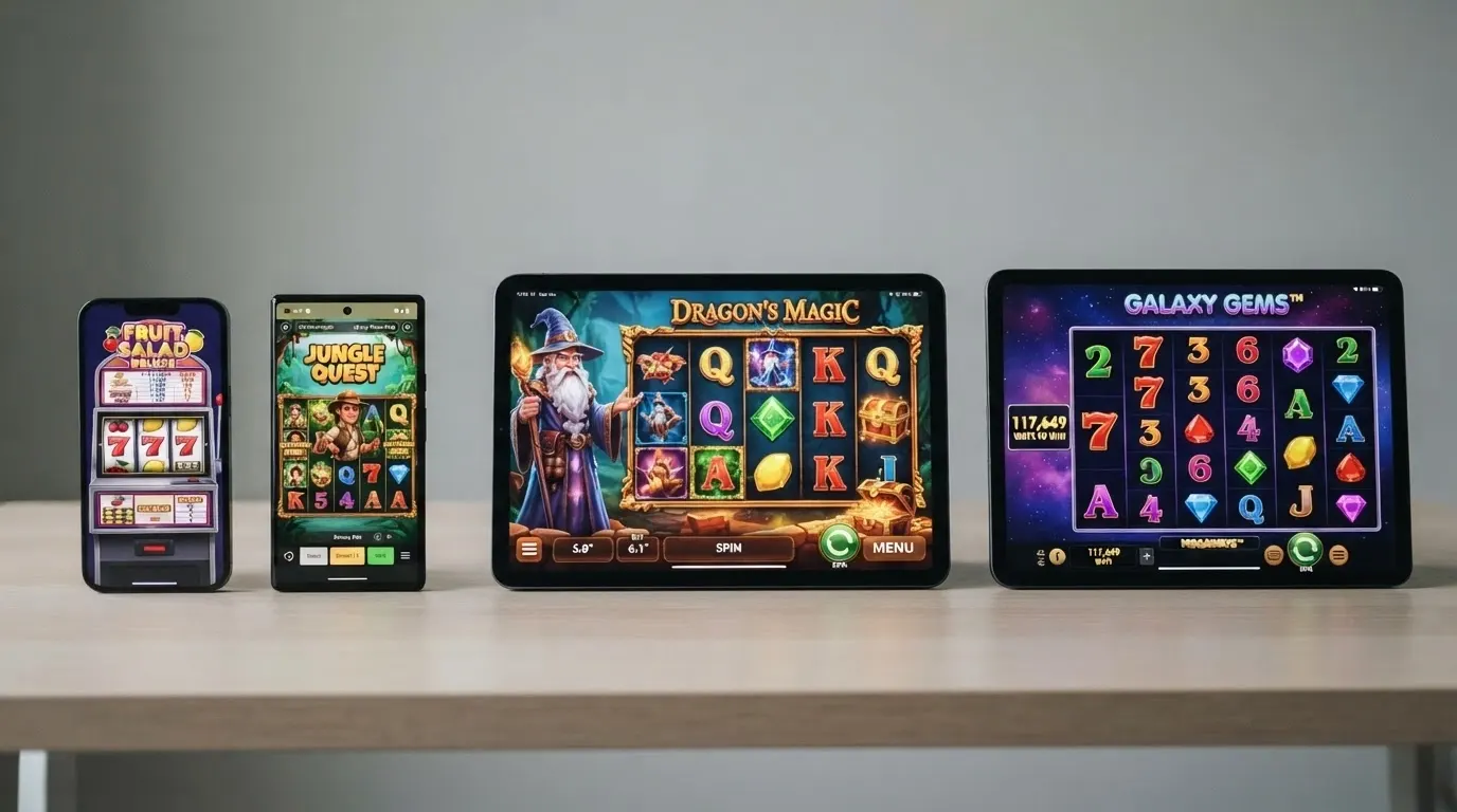 Quattro slot machine online di formati diversi affiancate: una classica da bar a 3 rulli con simboli frutta, una video slot 5 rulli con grafica animata, una slot 3D con personaggio e una Megaways a rulli variabili