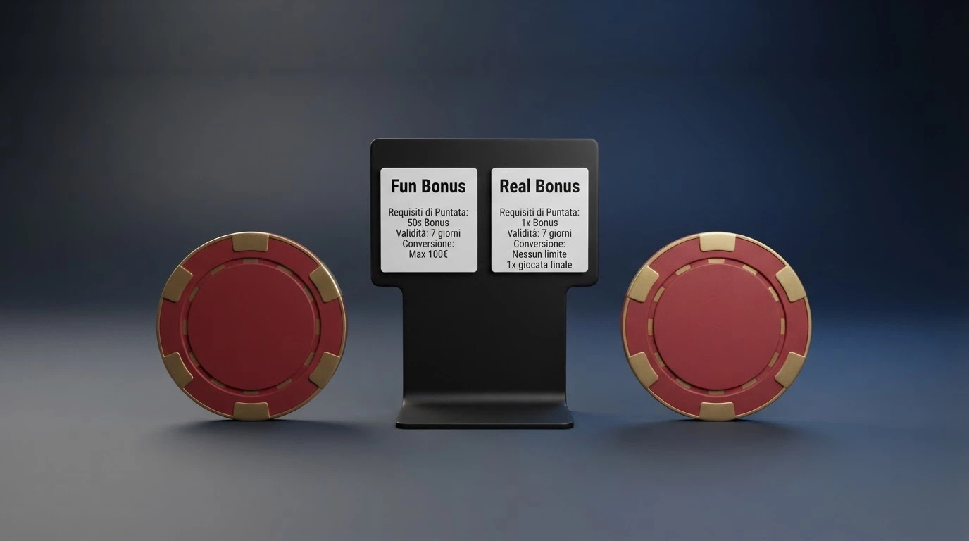 Schema visivo a due colonne che contrappone le caratteristiche del Fun Bonus (da rigiocare, vincoli, tempistiche) e del Real Bonus (spendibile, immediato, condizioni)
