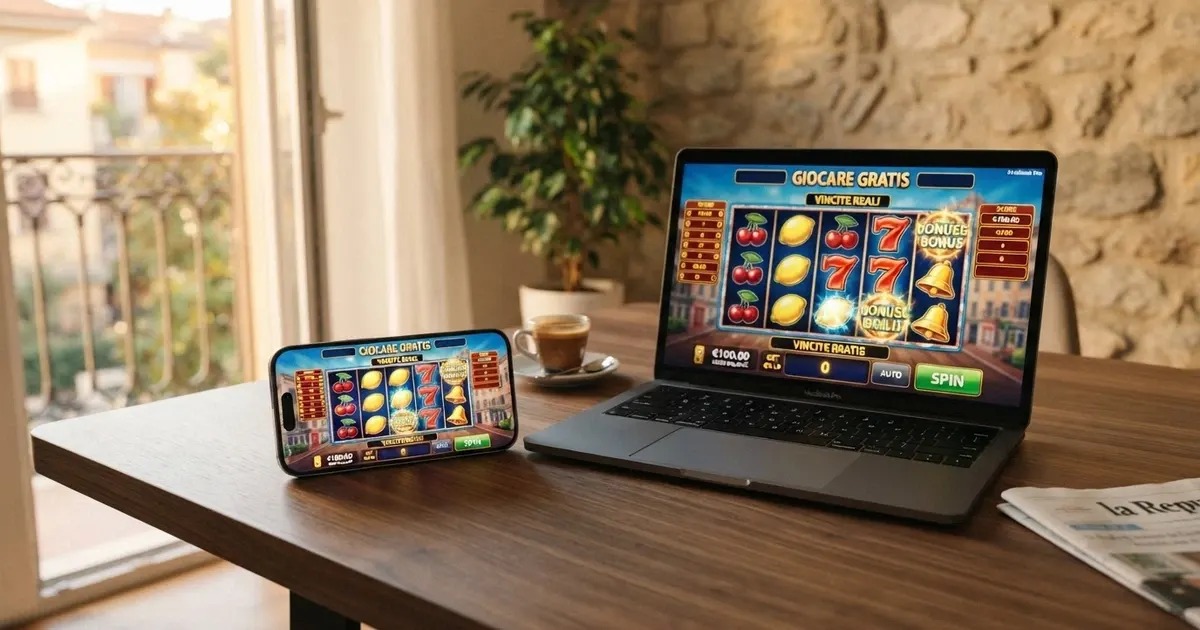 Rulli colorati di una slot machine online con simboli frutta, wild e scatter visibili sullo schermo di un dispositivo mobile e desktop