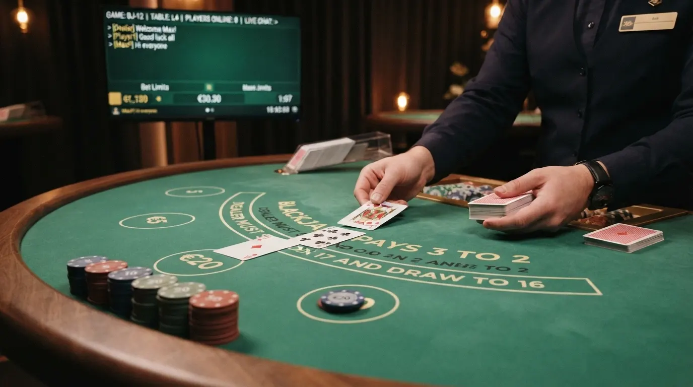 Un tavolo da blackjack dal vivo con carte distribuite dal croupier, interfaccia di puntata sullo schermo e chat live visibile
