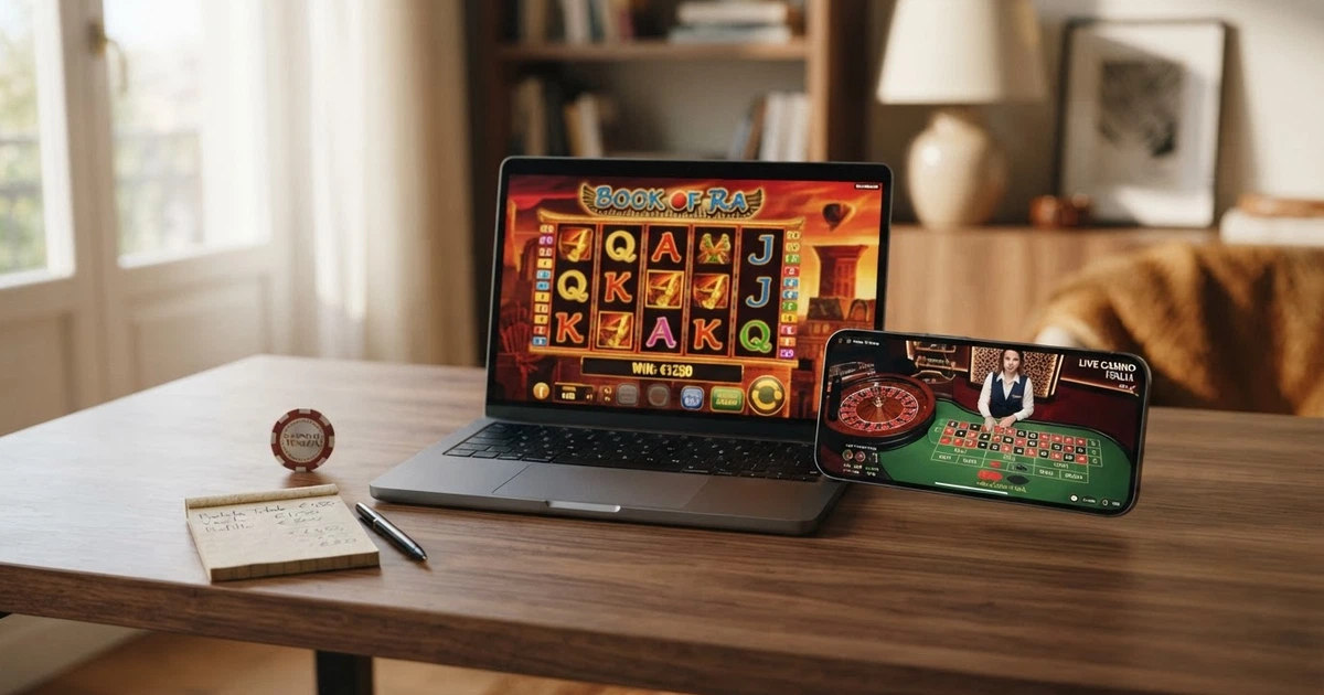 Interfaccia di un casinò digitale con licenza ADM visualizzata su schermo di computer e smartphone affiancati
