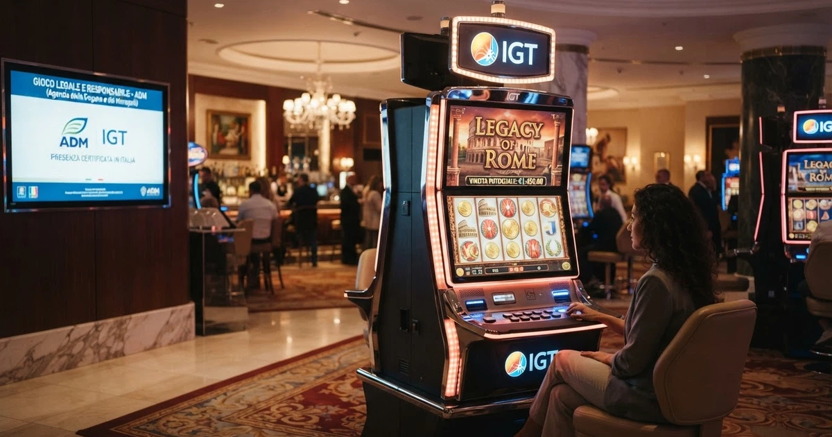 L'ingresso di un casinò online con slot machine IGT in evidenza nella lobby, il logo ADM nel footer dello schermo
