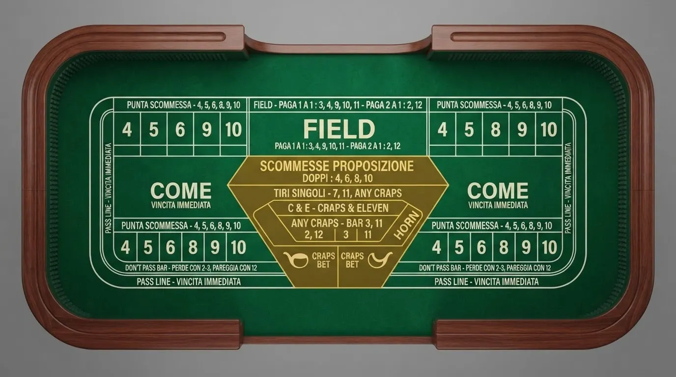 Schema dettagliato del layout di un tavolo da craps con tutte le zone di puntata evidenziate: Pass Line, Don't Pass, Come, Field, Place Bet e Proposition Bets centrali