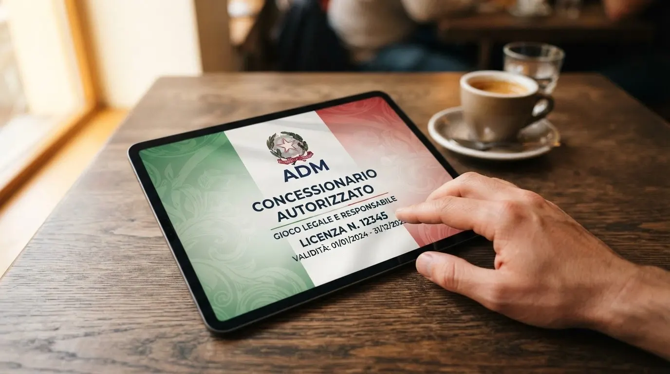 Il logo ufficiale dell'Agenzia delle Dogane e dei Monopoli accanto alla dicitura «Concessionario Autorizzato», con lo sfondo del tricolore italiano in secondo piano