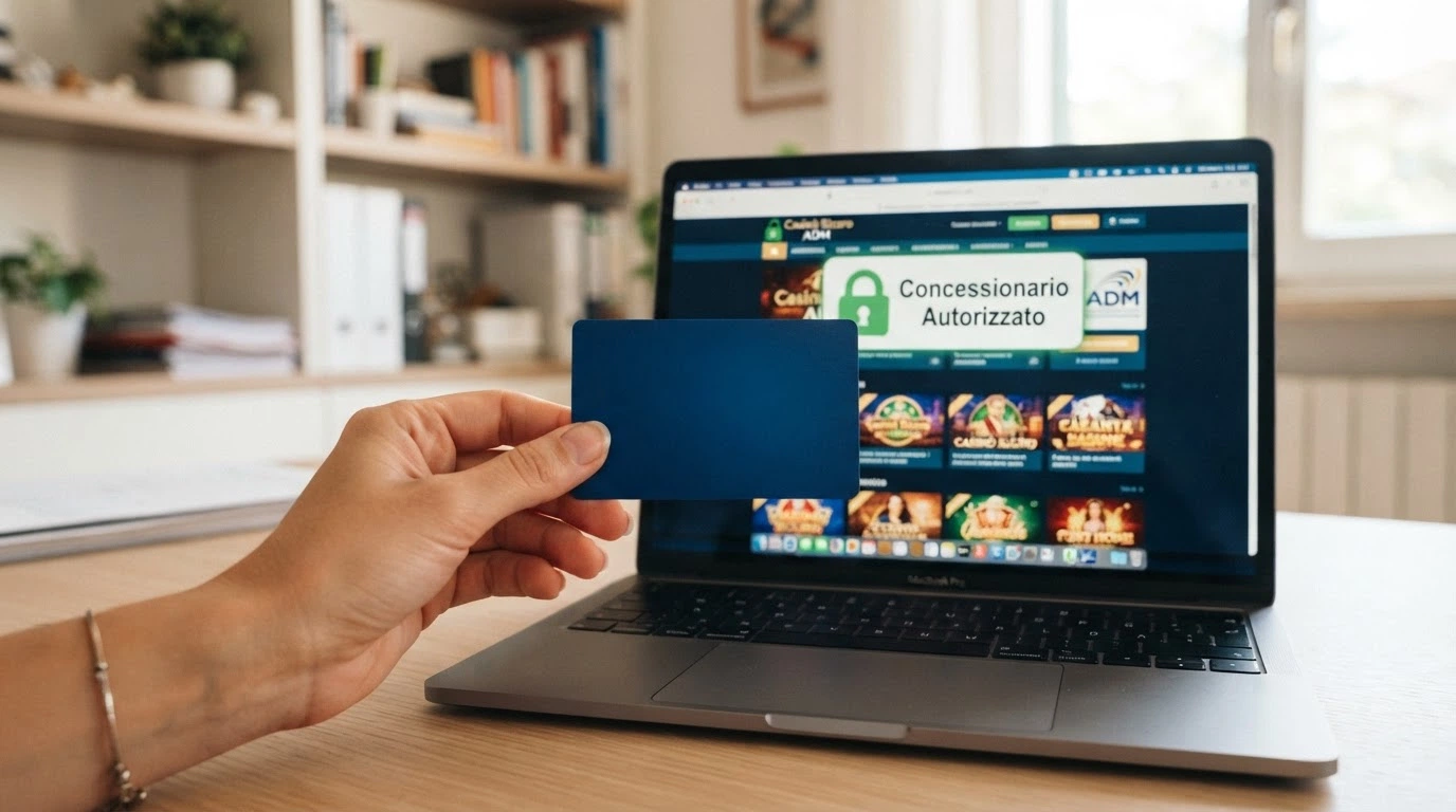 Il logo ufficiale ADM accanto alla schermata di un casinò online con il lucchetto di connessione sicura e la dicitura «concessionario autorizzato»