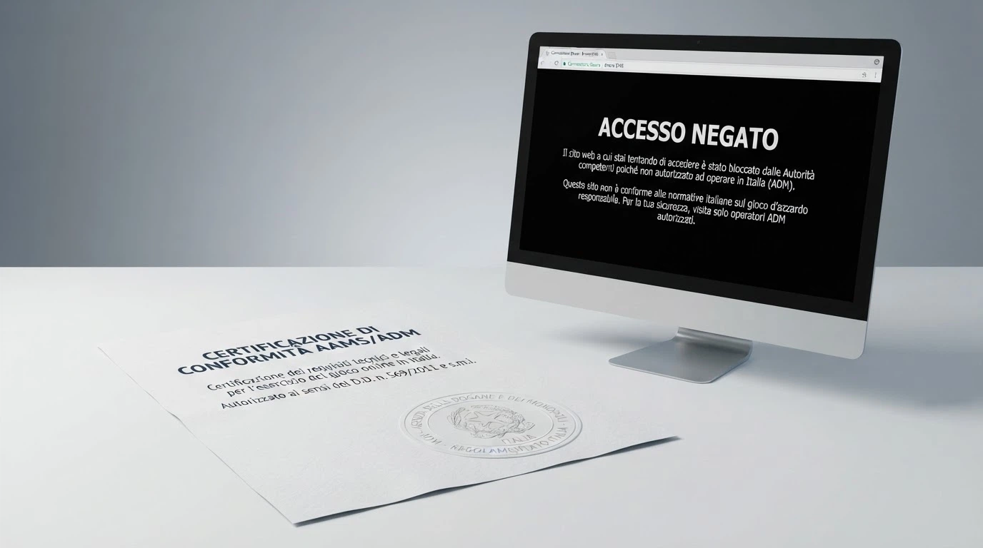 Un documento ufficiale con il sigillo dell'Agenzia delle Dogane e dei Monopoli accanto allo schermo di un computer che mostra un avviso di blocco DNS