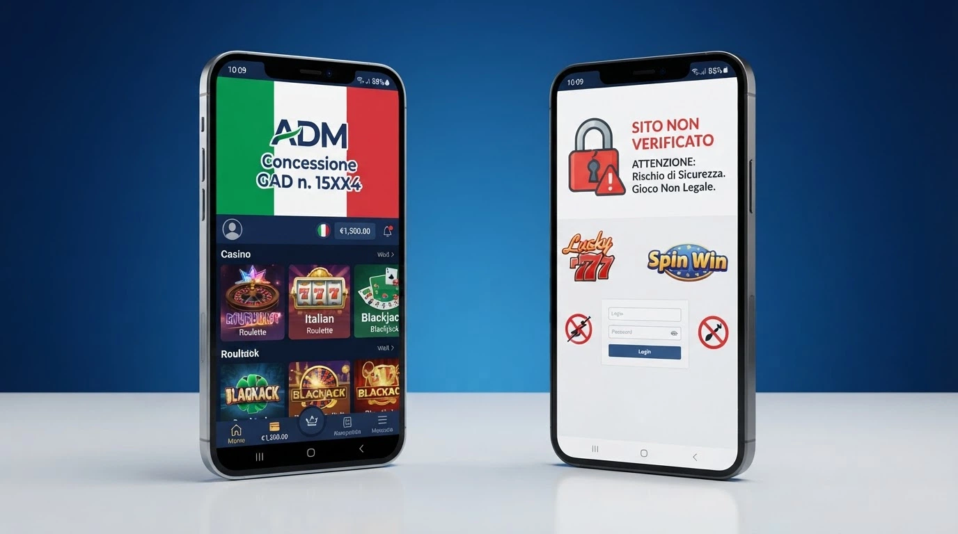 Due schermi affiancati: a sinistra l'interfaccia di un casinò ADM con il logo della concessione in evidenza, a destra un sito generico con un lucchetto rotto e la scritta «non verificato»