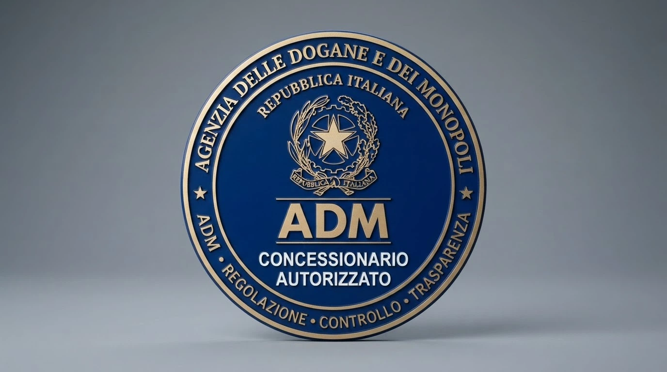 Il sigillo ufficiale dell'Agenzia delle Dogane e dei Monopoli accanto alla scritta «Concessionario Autorizzato» su sfondo istituzionale