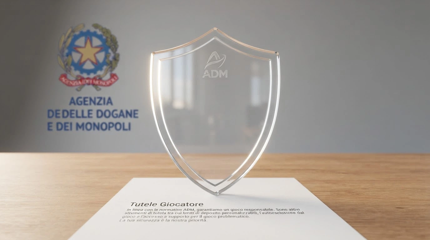 Il logo ufficiale dell'Agenzia delle Dogane e dei Monopoli accanto a uno scudo con un segno di spunta verde, su sfondo istituzionale