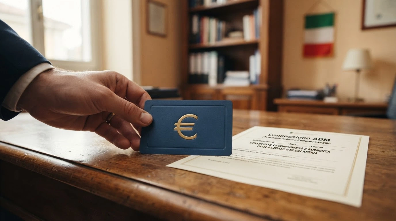 Il logo ADM accanto al simbolo della Repubblica Italiana, documento ufficiale di concessione sullo sfondo