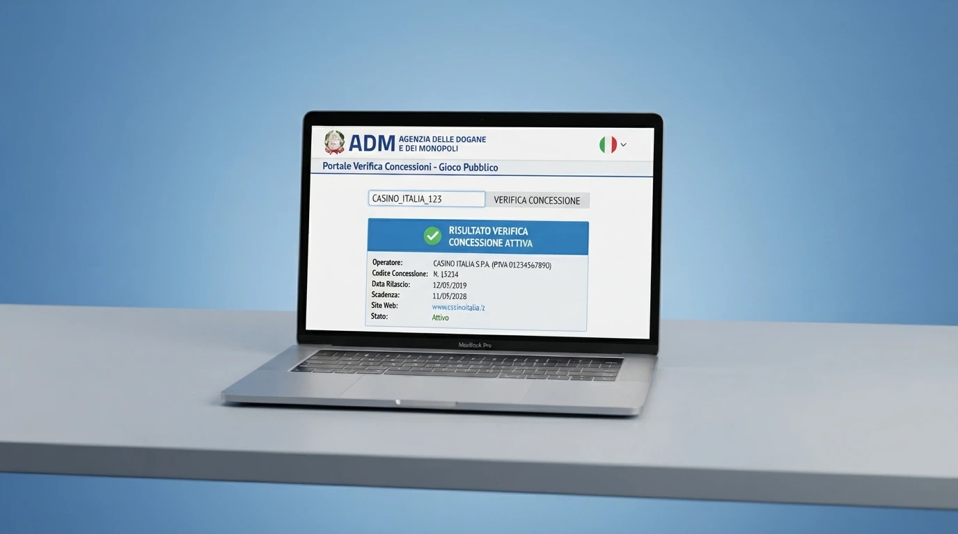 Logo dell'Agenzia delle Dogane e dei Monopoli accanto alla schermata di verifica di una concessione ADM sul portale ufficiale