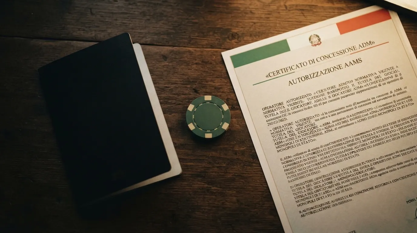 Un passaporto italiano affiancato a un documento con il logo dell'ADM e la scritta «concessione» su uno sfondo bicolore