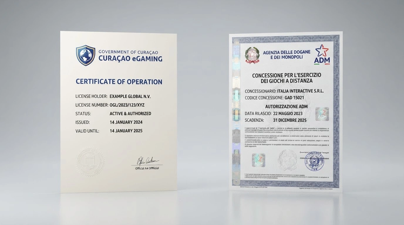 Un confronto visivo tra un certificato di licenza Curaçao e una concessione ADM italiana, con evidenziate le differenze nei sigilli e nelle autorità emittenti