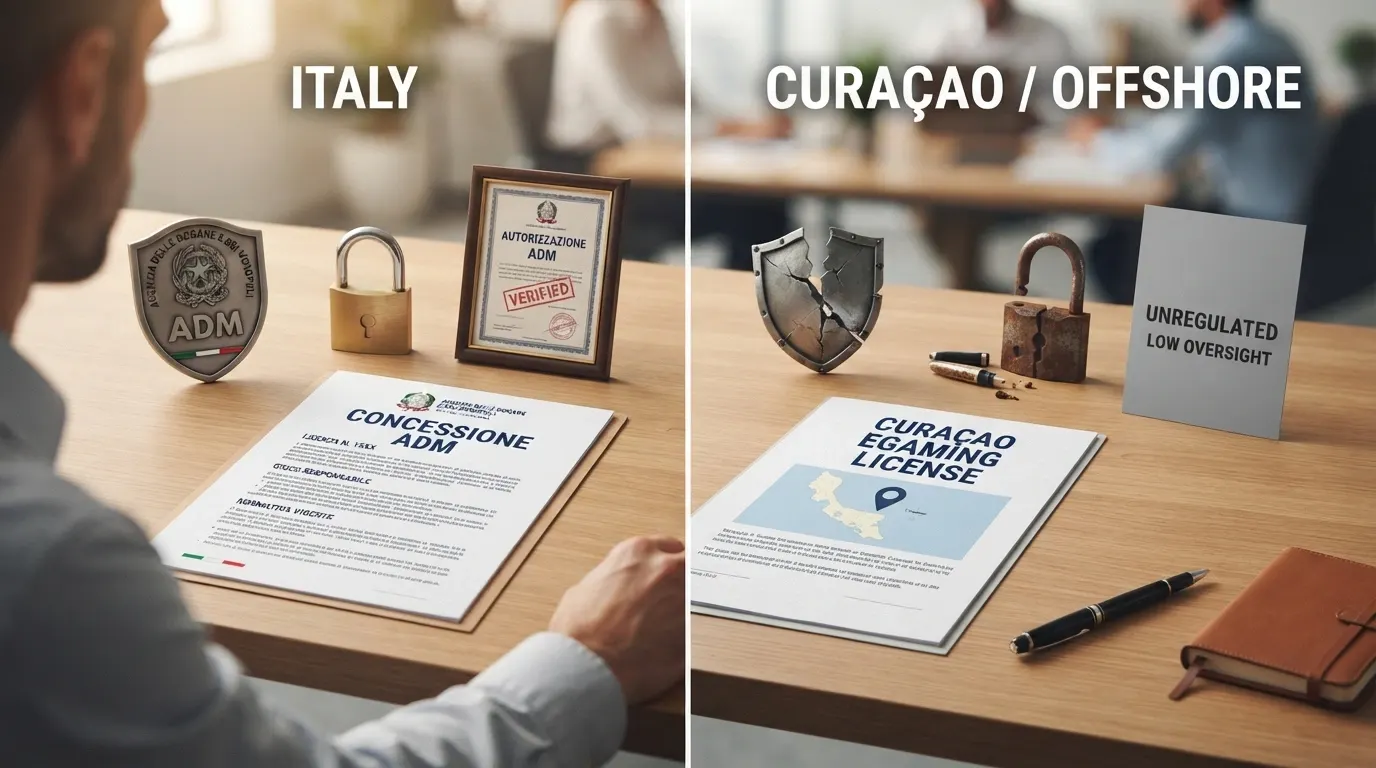 Due colonne affiancate: a sinistra il logo ADM con icone di protezione (scudo, lucchetto, documento), a destra una mappa che punta su Curaçao con icone assenti o barrate.