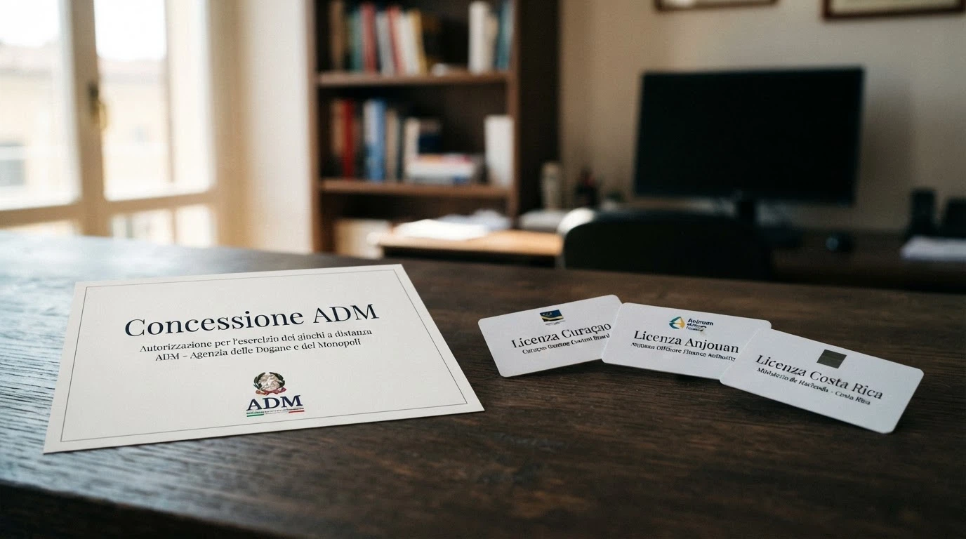 Un confronto visivo tra il logo ADM e i loghi delle giurisdizioni offshore (Curaçao, Anjouan, Costa Rica) disposti su due colonne separate