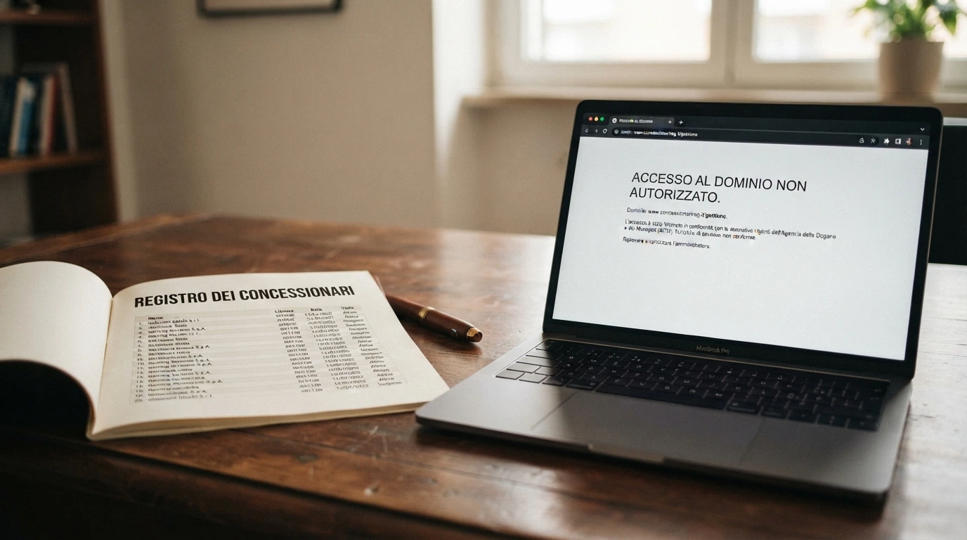 Un documento ufficiale con il logo dell’ADM accanto alla schermata di blocco DNS di un dominio non autorizzato