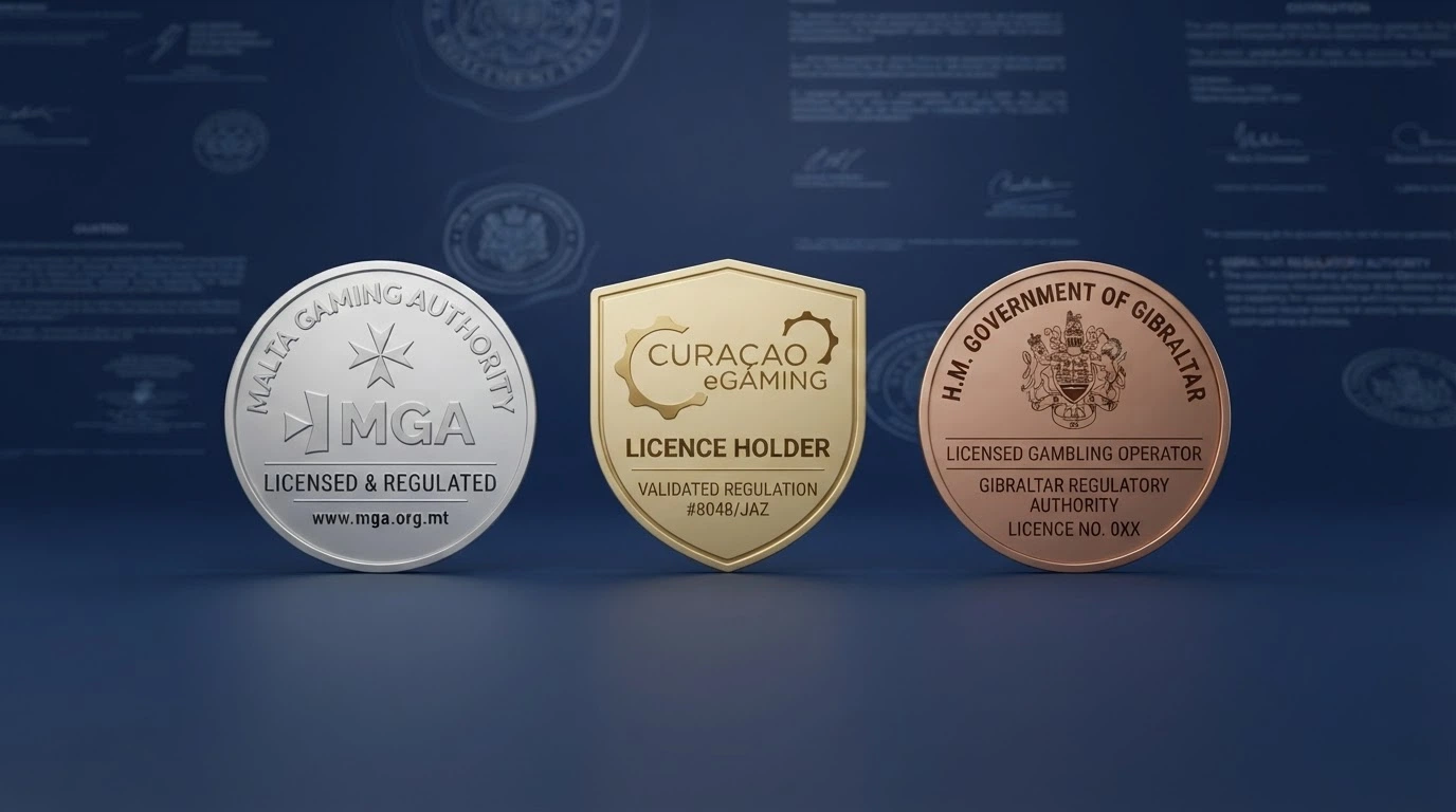Un confronto visivo tra tre sigilli di licenza: Malta Gaming Authority, Curaçao eGaming e Gibilterra, affiancati su uno sfondo normativo