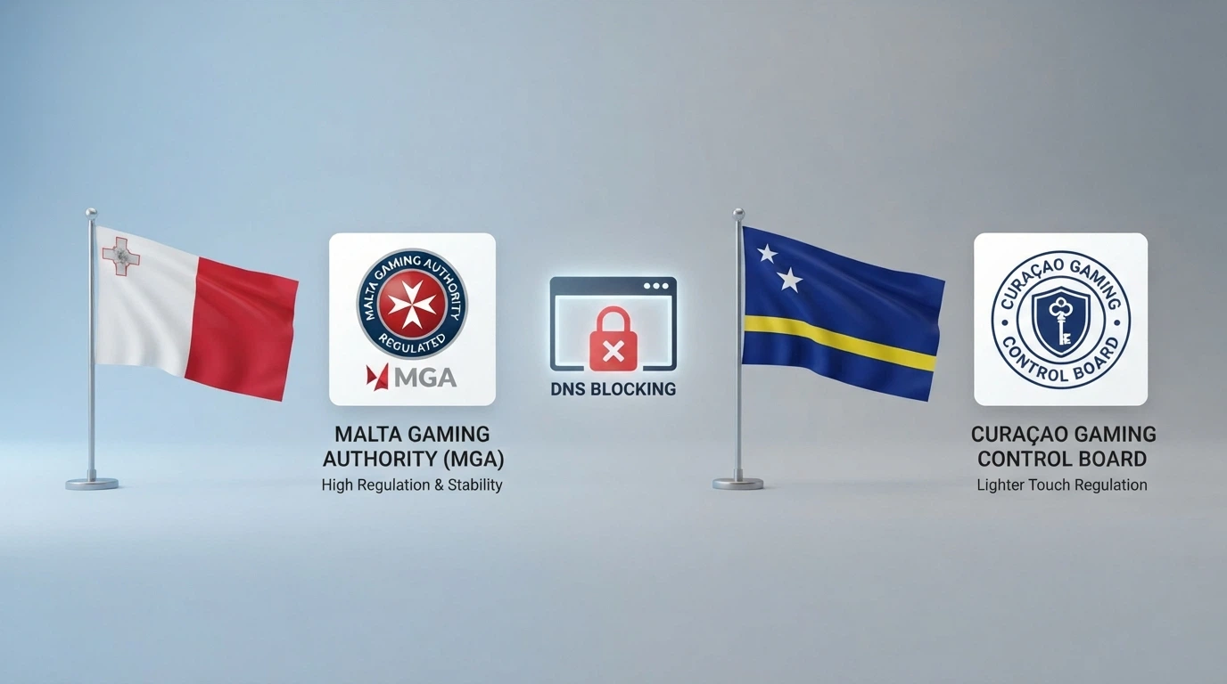 Una mappa stilizzata dell'Europa con Malta e Curaçao evidenziate, accanto le bandiere di MGA e Curaçao GCA e un'icona di schermo bloccato (DNS blocking)