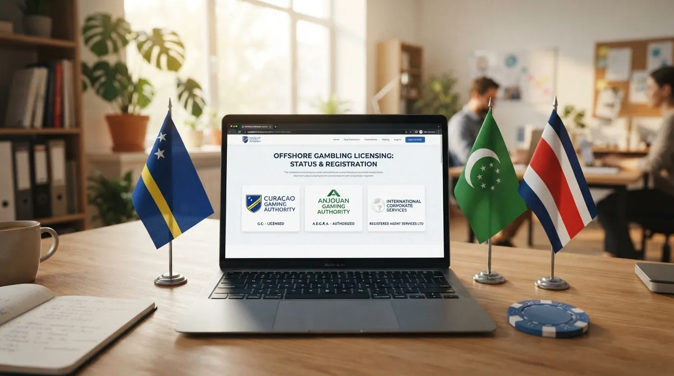 Mappa delle giurisdizioni offshore con bandiere e sigilli delle autorità: Curaçao Gaming Control Board, Anjouan Gaming Authority, registro imprese Costa Rica