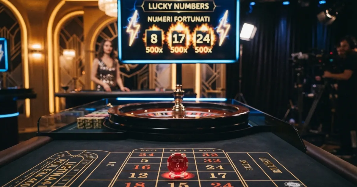 Un tavolo da roulette con numeri illuminati da effetti luminosi e moltiplicatori dorati visualizzati sullo schermo