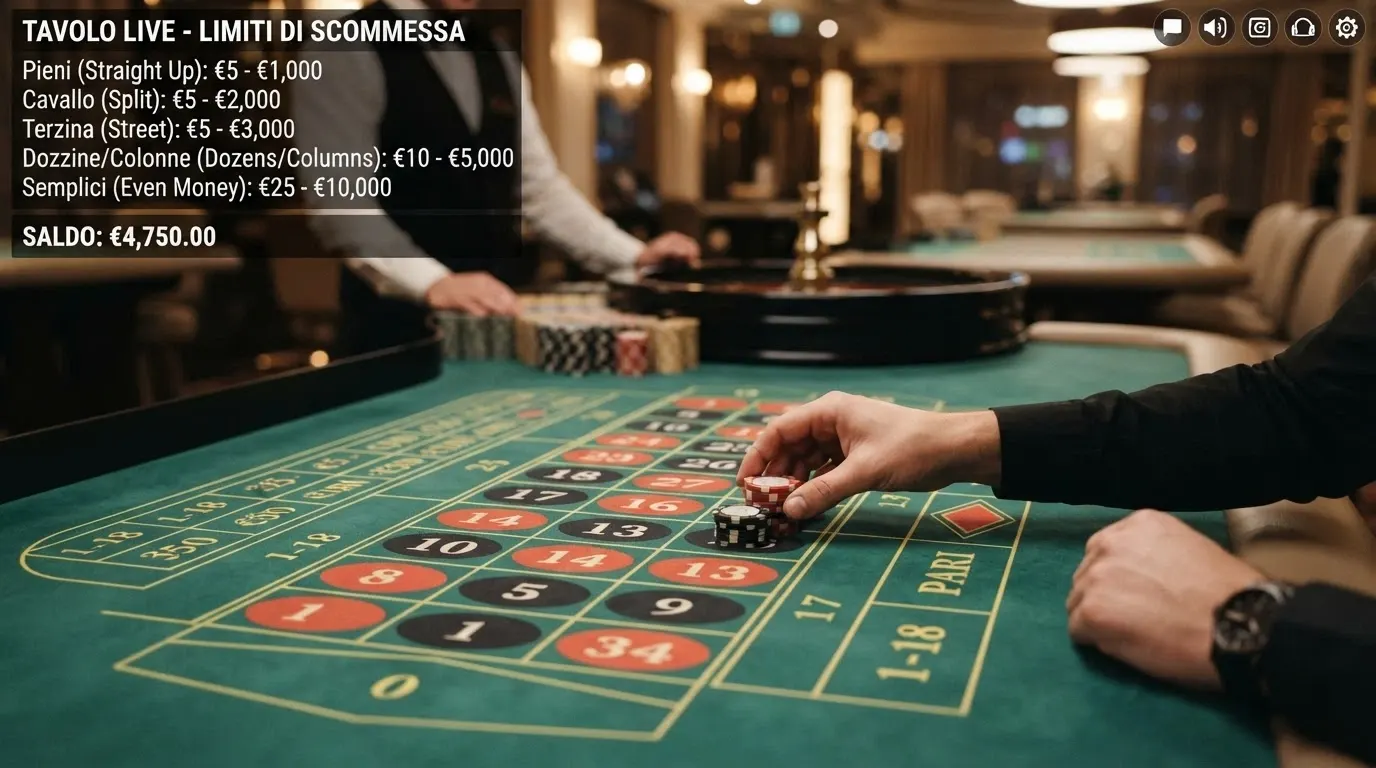 Tavolo di roulette live con interfaccia di puntata che mostra i limiti minimo e massimo per tipo di giocata