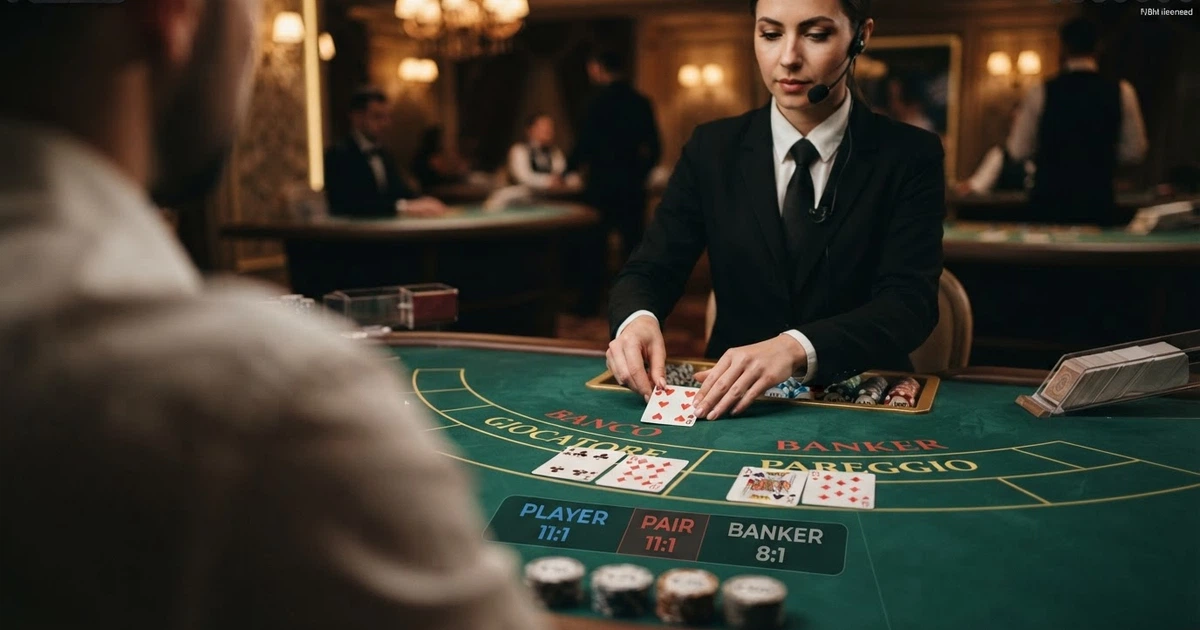 Tavolo di baccarat live con croupier in uniforme che distribuisce le carte, interfaccia di puntata in sovrimpressione, ambiente da casinò con illuminazione soffusa