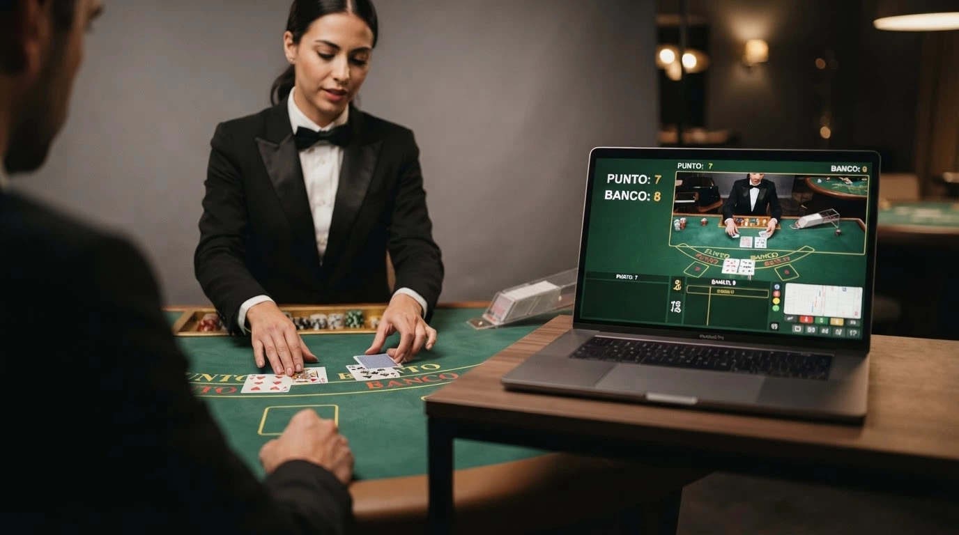 Due schermate affiancate: a sinistra un tavolo live di Punto Banco con croupier in smoking, a destra l'interfaccia RNG con carte digitali e pulsanti di puntata