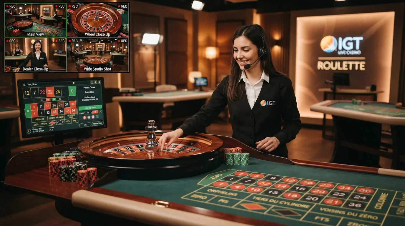 Un tavolo da roulette live IGT con dealer professionista, interfaccia di gioco su schermo, multi-camera visibile nell'inquadratura