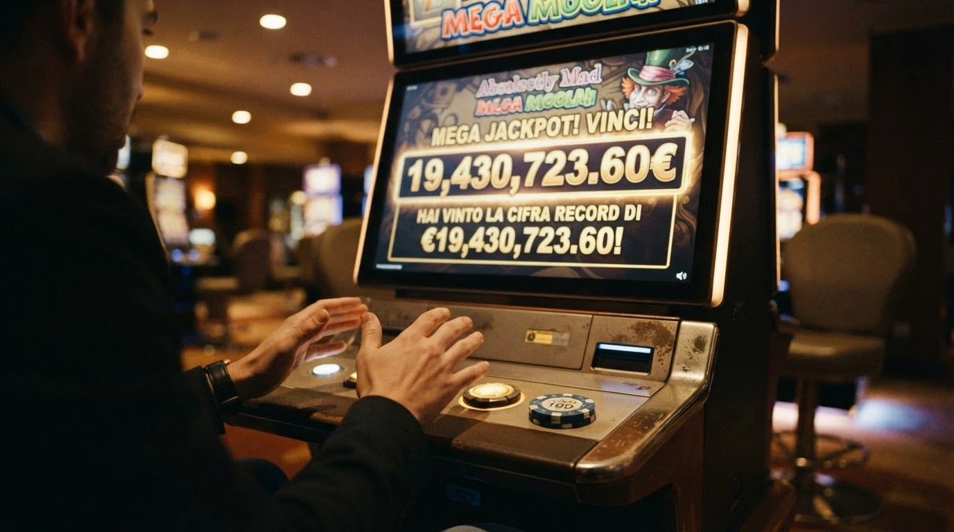 Una schermata del gioco Absolootly Mad Mega Moolah con il totale della vincita record in evidenza: 19.430.723,60€