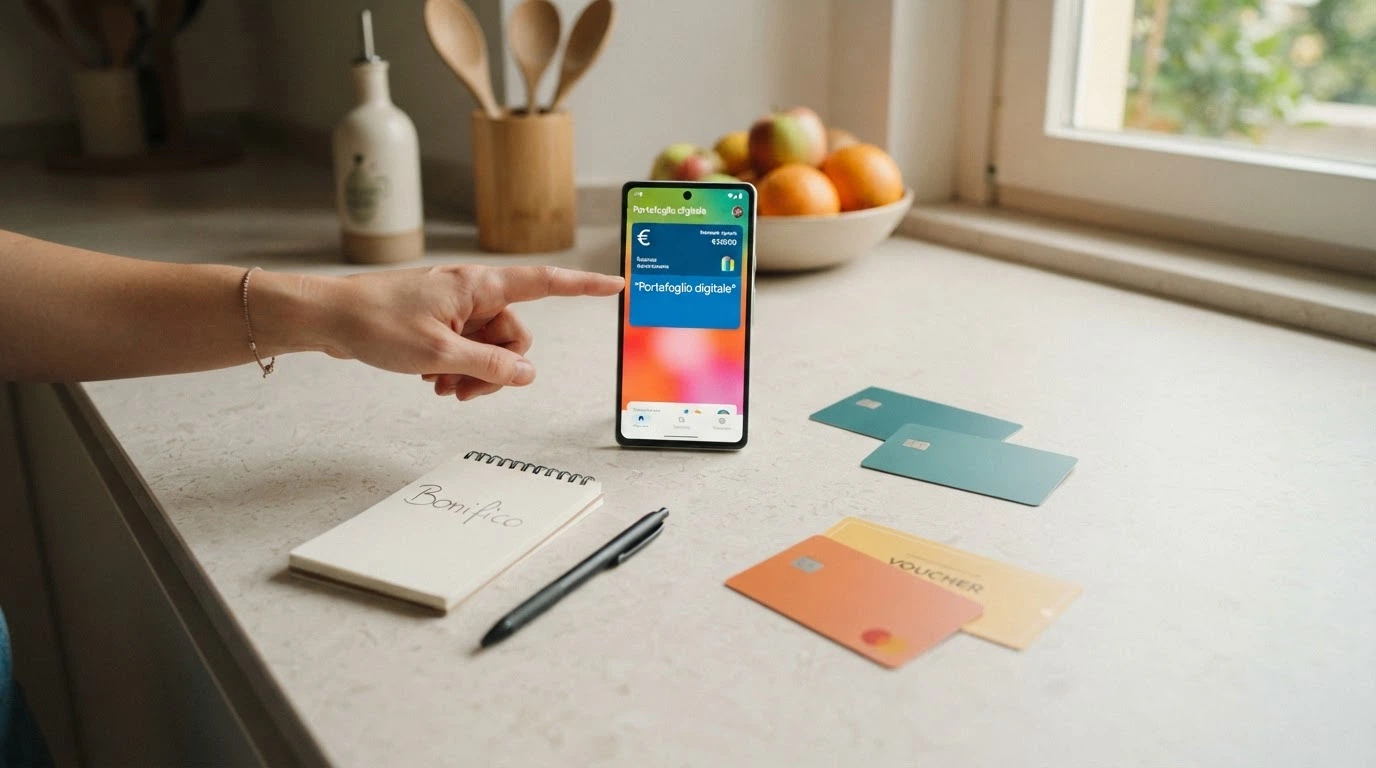 Una vista d'insieme con le quattro categorie di metodi di pagamento — portafoglio elettronico, carta bancaria, prepagata, bonifico — ciascuna con la propria icona distintiva
