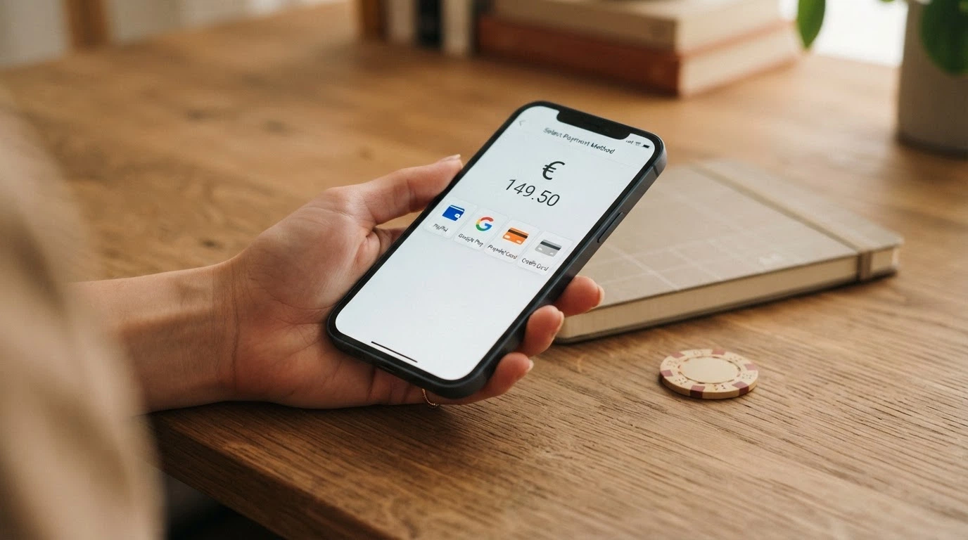 Le icone dei principali metodi di pagamento accettati nei casinò ADM — PayPal, Postepay, carte di credito, bollettino postale e ricarica in contanti — affiancate dalla cifra 5 €