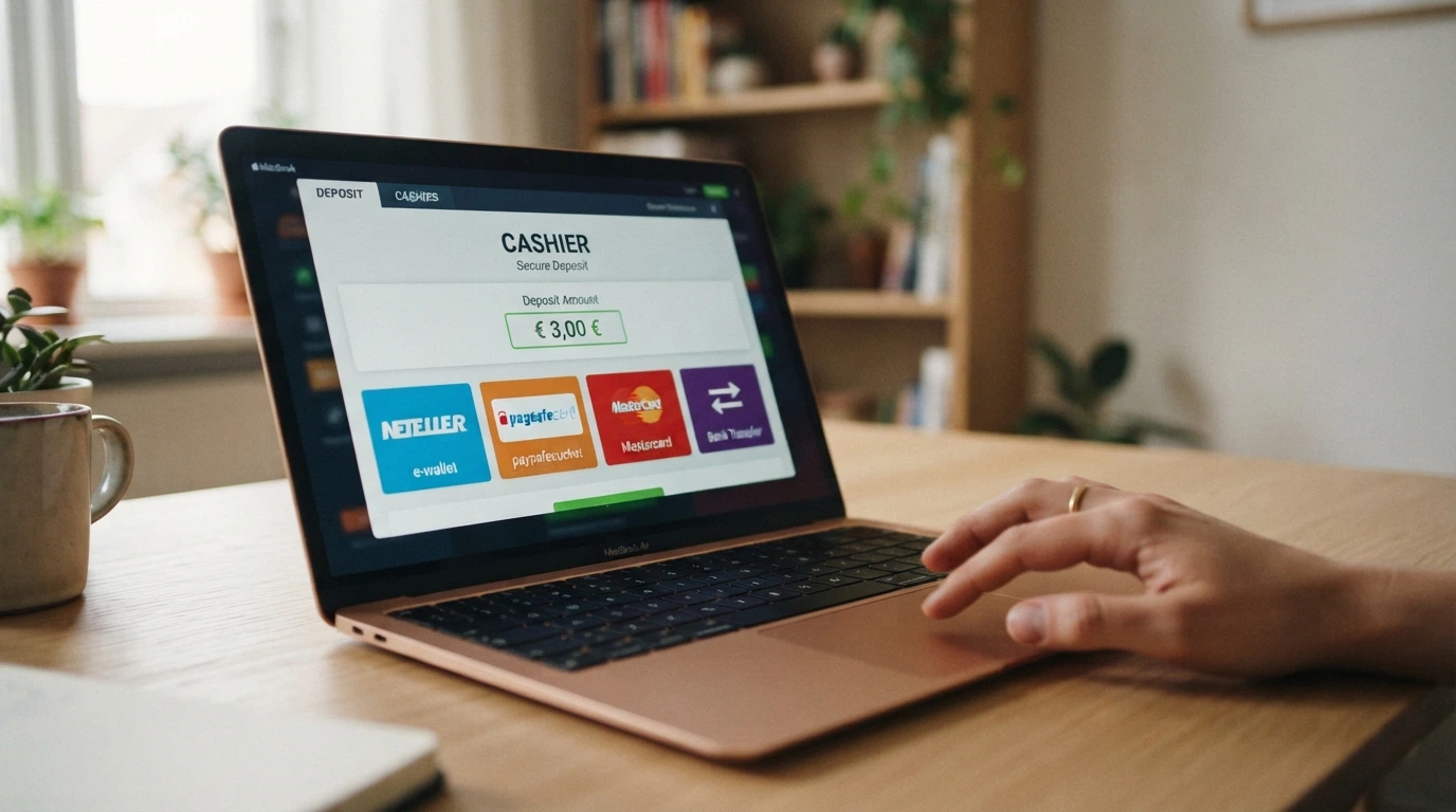 Una schermata di cassa di un casinò online con le icone dei metodi di pagamento disponibili: PayPal, Paysafecard, Skrill, Neteller, carta Visa e bonifico