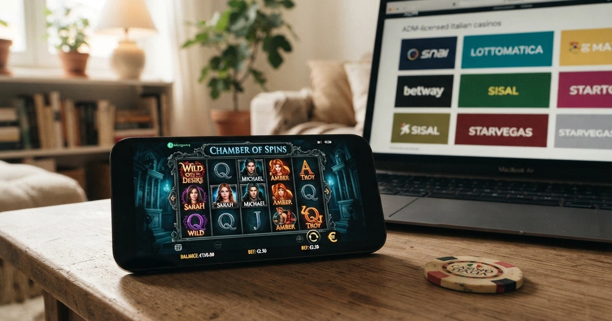 L'interfaccia di una slot Games Global su desktop con il logo Microgaming in evidenza e una lista di casino ADM italiani sullo sfondo