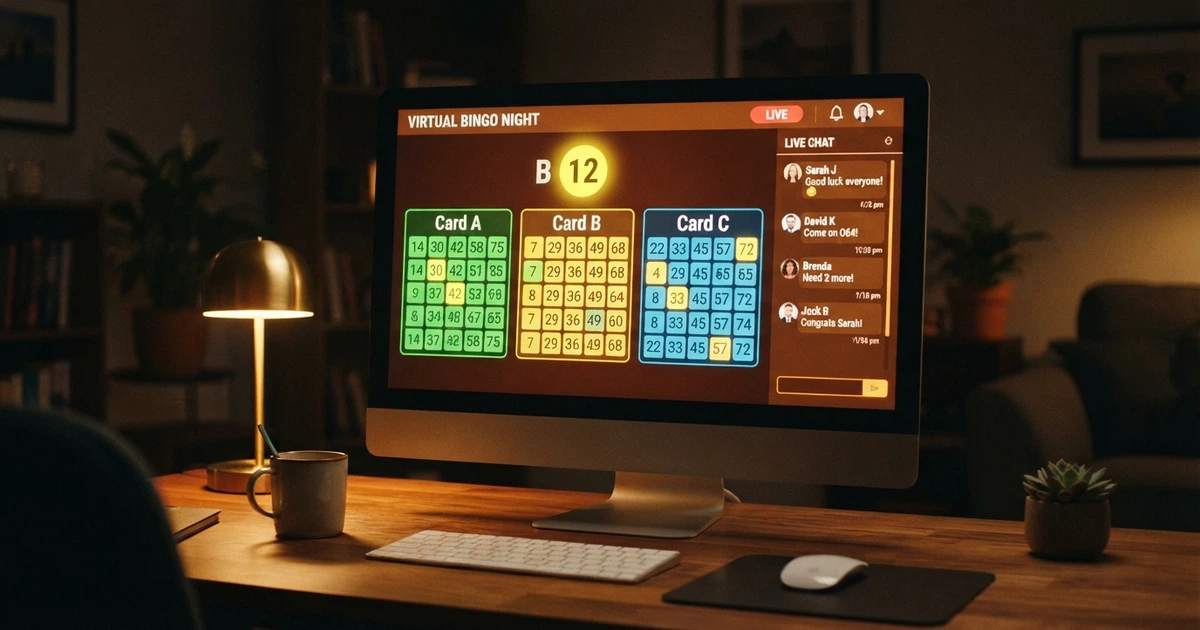 Una sala bingo virtuale su desktop con cartelle digitali, numeri estratti in evidenza e chat laterale attiva