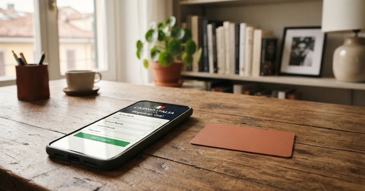 Un primo piano di uno smartphone con a schermo la pagina di registrazione di un casinò online e una carta d'identità elettronica italiana posata accanto.