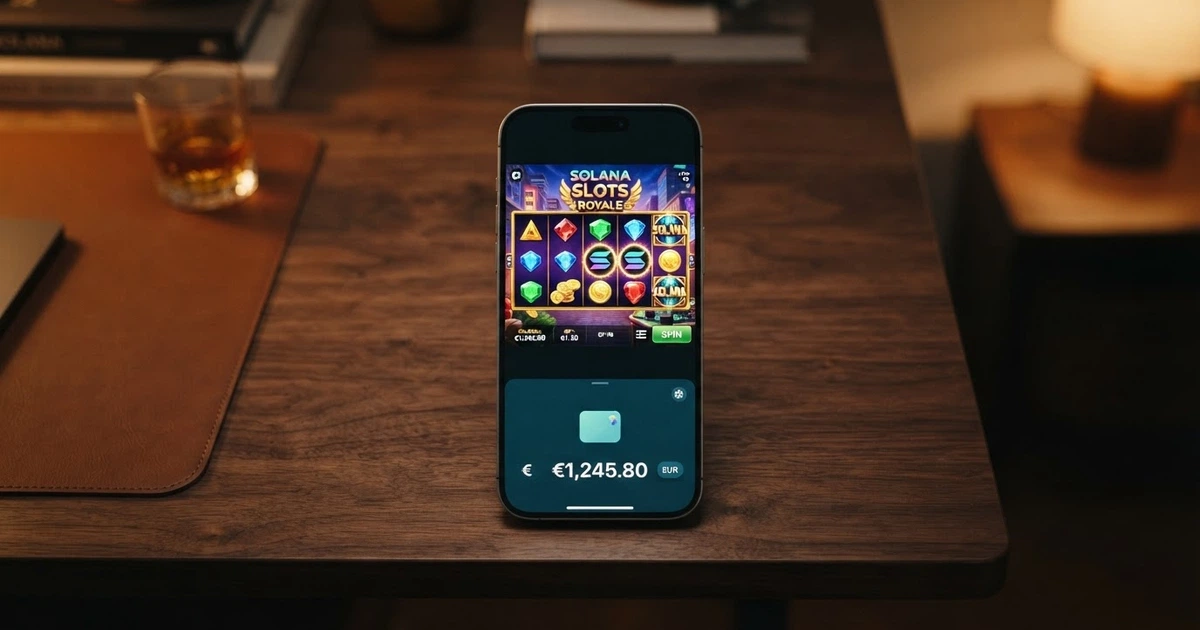 Un wallet Phantom su smartphone accanto allo schermo di un casinò online, con il logo di Solana visibile sull'interfaccia