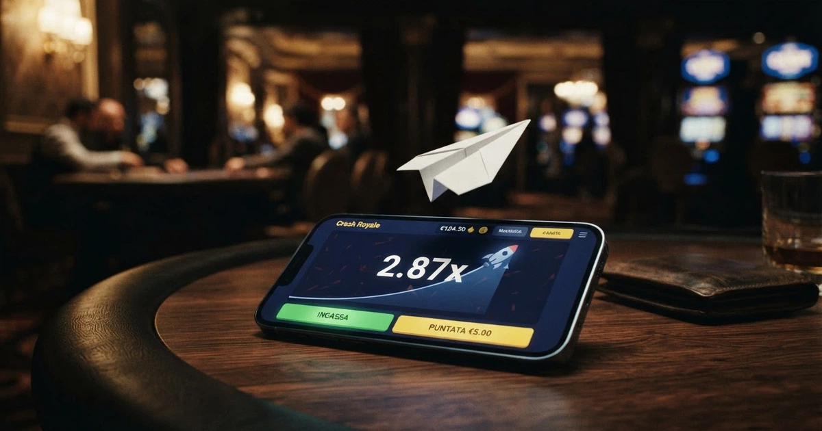 Un moltiplicatore crescente su sfondo scuro con un aereo in volo prima dello schianto, sopra l'interfaccia di un casinò mobile con pulsanti «Incassa» e «Puntata» in italiano