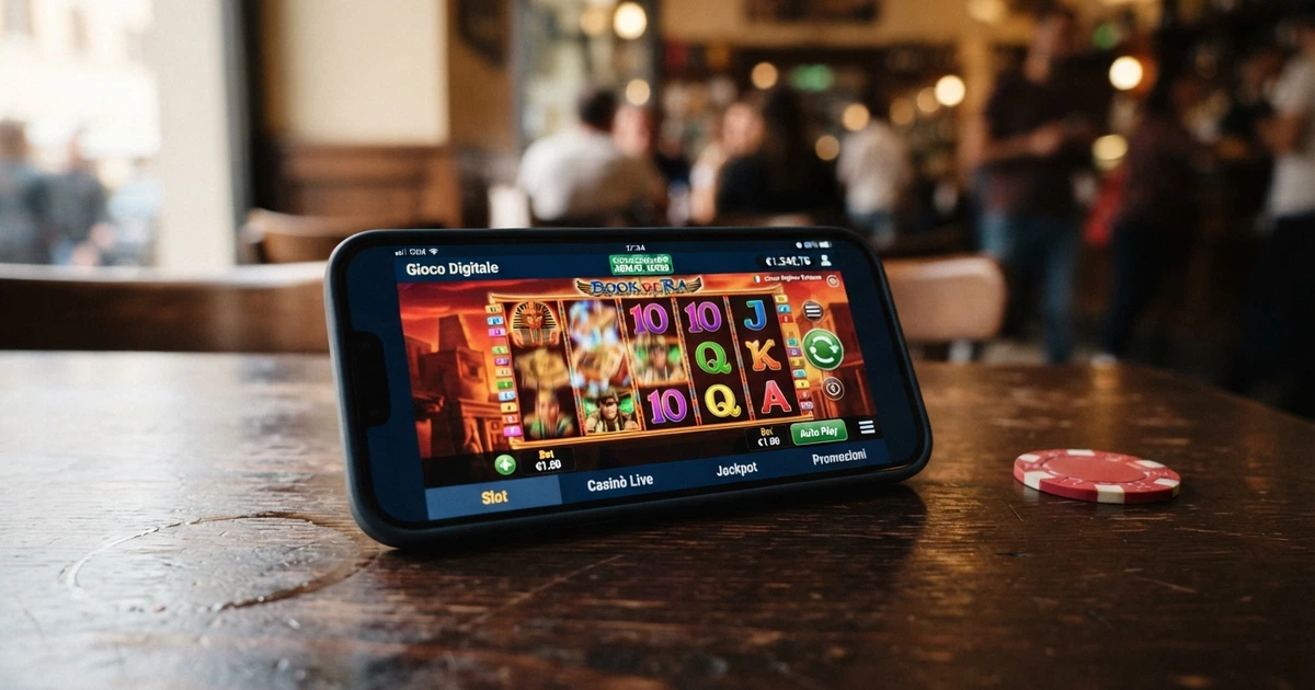 Smartphone con schermata di un'app casinò con licenza ADM, slot machine in primo piano e logo dell'operatore