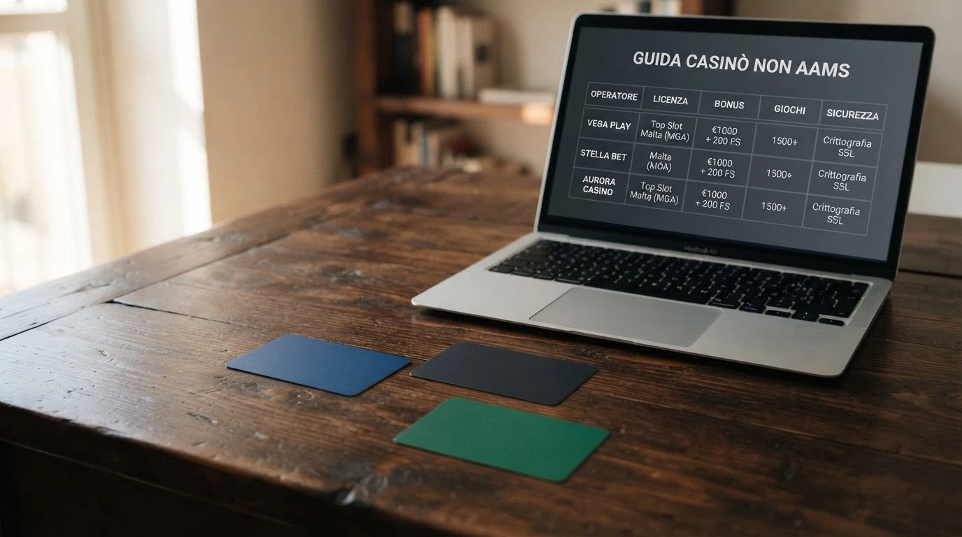 Una tabella comparativa stilizzata con le icone dei casinò non AAMS recensiti, affiancate dai simboli di EcoPayz, licenza e bonus