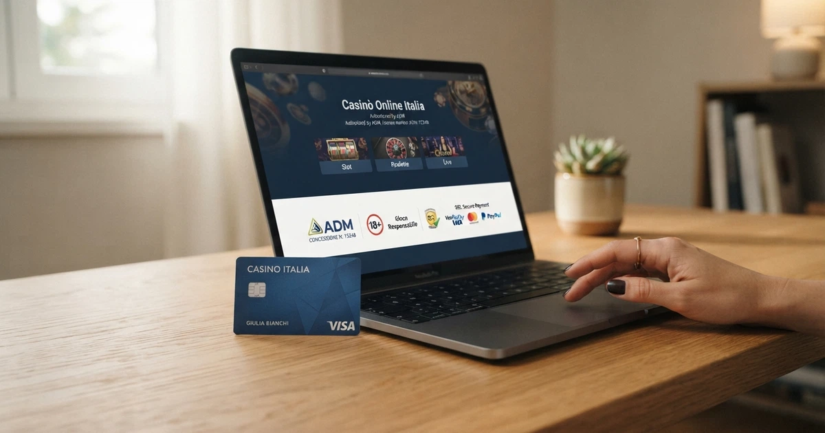 Una carta American Express appoggiata su una tastiera di laptop, con lo schermo che mostra la homepage di un casinò online italiano con licenza ADM visibile