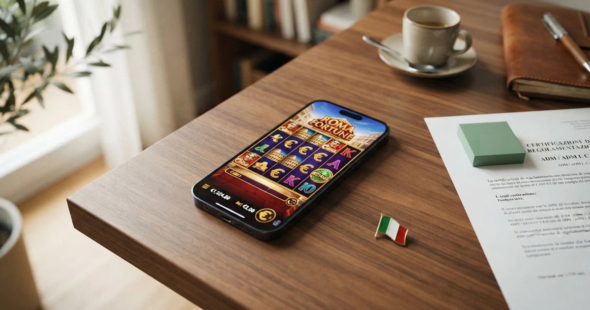 Un giocatore italiano davanti allo schermo di un casinò online, con la bandiera italiana e le icone delle licenze ADM visibili sullo sfondo