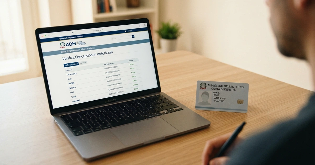 Un giocatore consulta il registro ADM sullo schermo di un computer, con il portale ufficiale dell'Agenzia delle Dogane e dei Monopoli in evidenza e una carta d'identità appoggiata sulla scrivania.