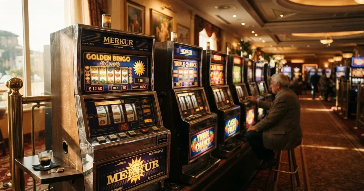 Una fila di slot machine Merkur in una sala terrestre italiana, con lo schermo di una postazione acceso sul tema di un gioco