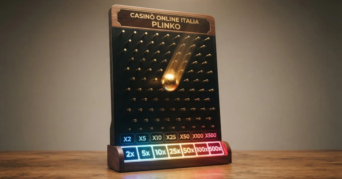 Una pallina dorata che cade attraverso un tabellone Plinko luminoso, con i moltiplicatori colorati visibili lungo i bordi inferiori