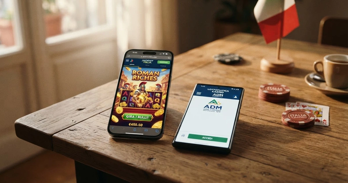 Uno smartphone con lo schermo che mostra la schermata di un casinò online in italiano, affiancato da un secondo telefono con l'app di un concessionario ADM aperta. Sullo sfondo, elementi grafici che richiamano slot, carte da gioco e il tricolore italiano.